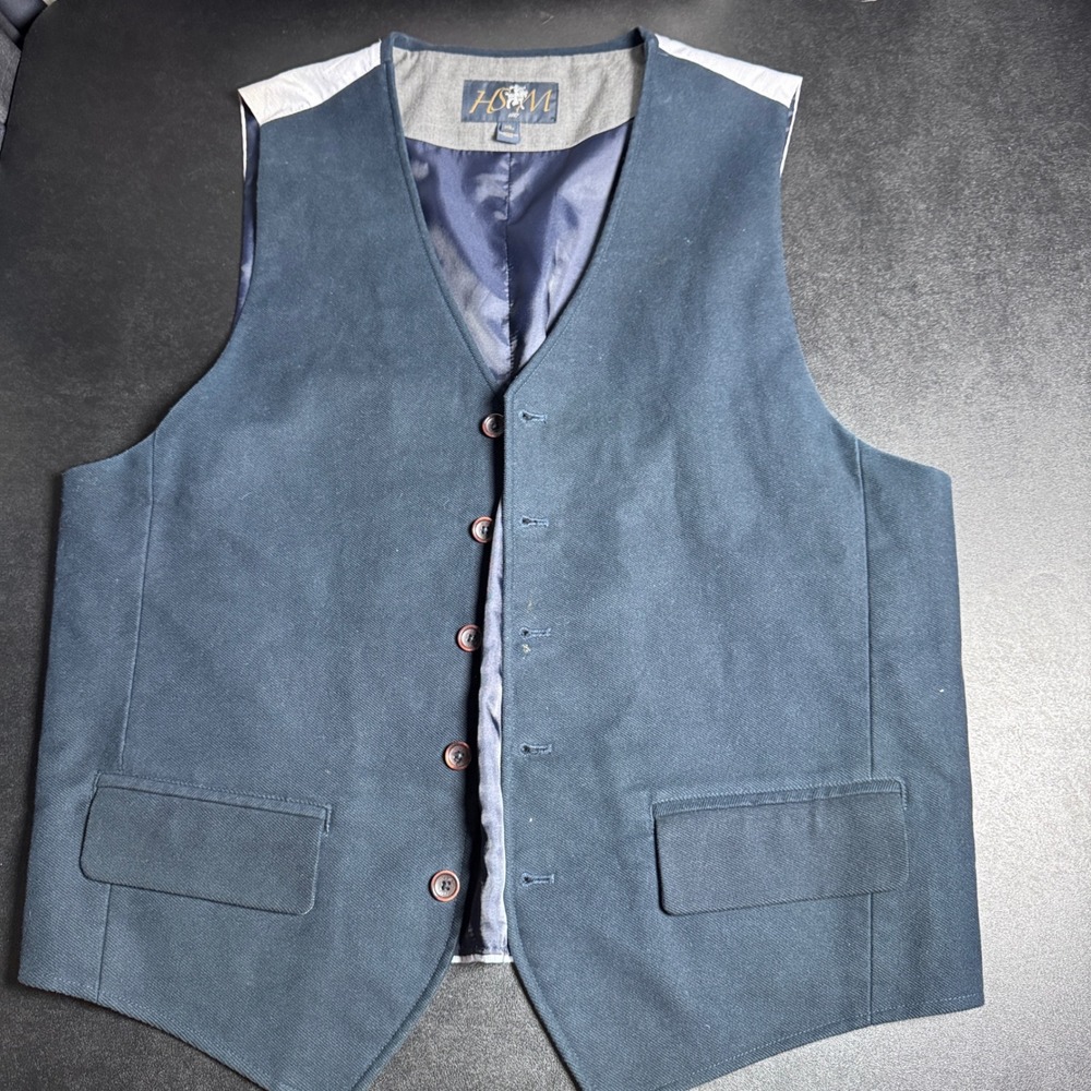 HSM Dress Vest Mens XL Navy Blue Solid Twill Button Front Formal Suit Waistcoat
